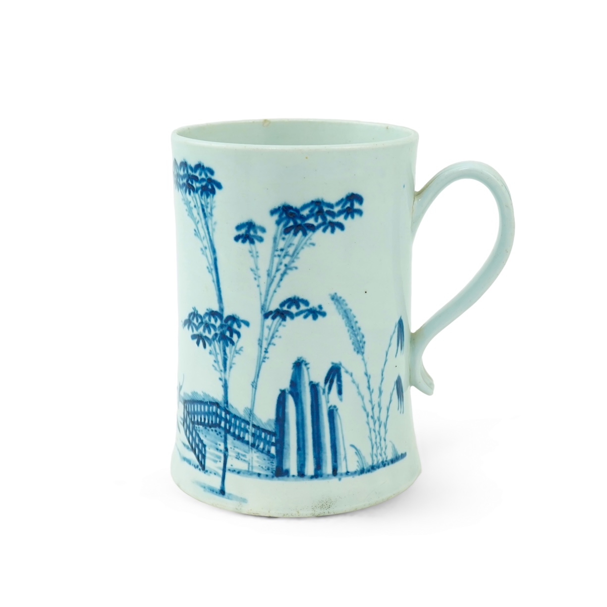 A large Worcester blue and white scratch cross type mug or tankard decorated in the Plantation pattern, c.1754-56